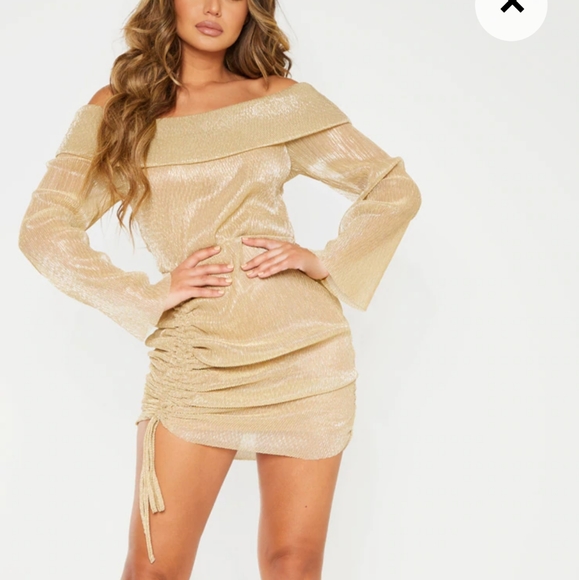 PrettyLittleThing Dresses & Skirts - GOLD METALLIC PLISSE BARDOT DRESS